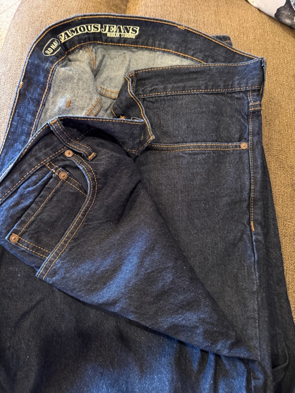 Old Navy Men's Dark Blue Straight Jeans with Contrast Stitching
